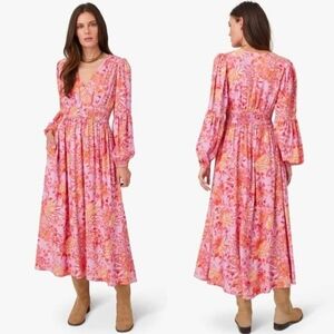 Xirena Pink Floral Anabella Long Sleeve Midi Dress